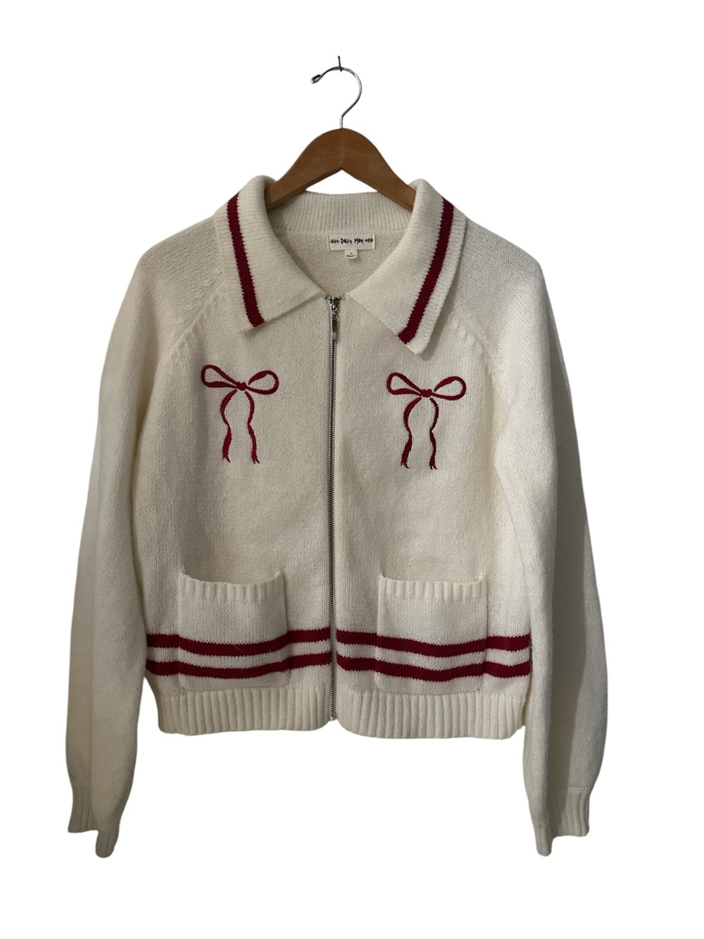 Daisy May Cream Knit Zip Cardigan with Red Bow Details Like New sz L